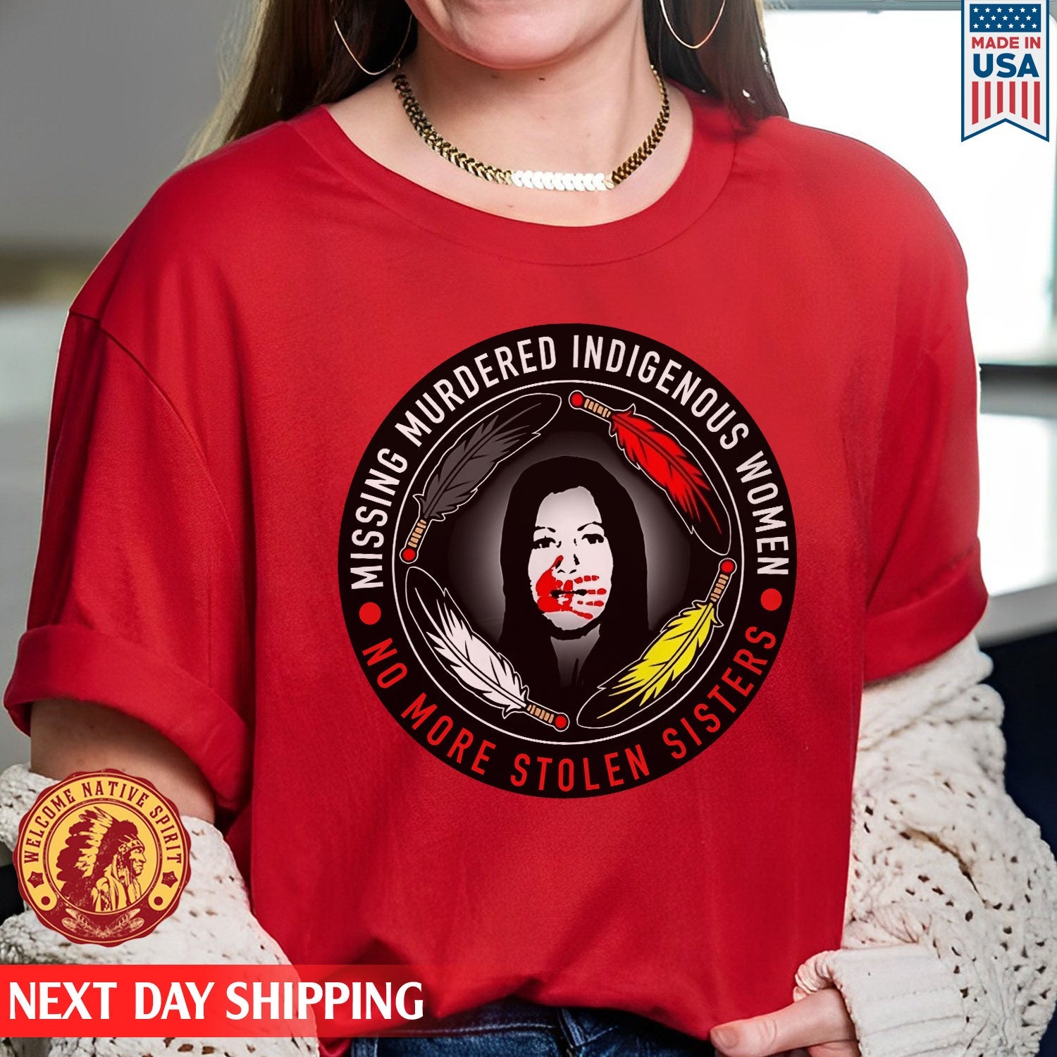 MMIW No More Stolen Sisters Feather Color Red Hand Unisex T-Shirt/Hood
